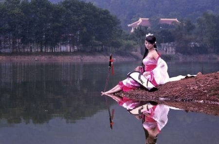 Samurai Girl - white, lake, girl, pink, katana, samurai, kimono