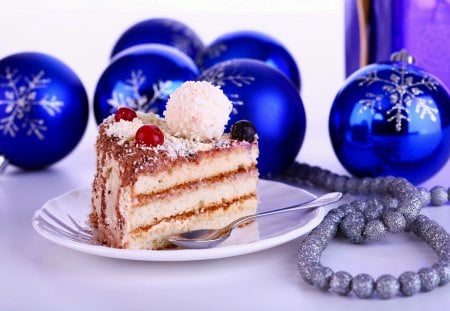 •✿• One complete Christmas •✿• - winter, snowflakes, delicious, forever, balls, beads, deep blue, love, nature, silver, complete, ornaments, decorations, merry christmas, cake