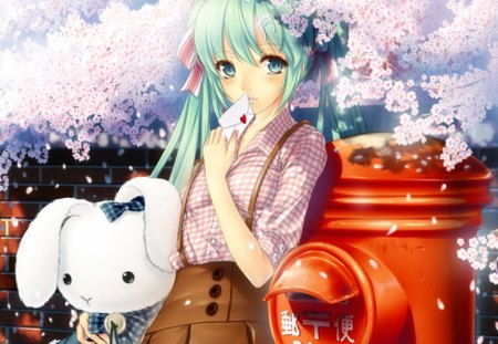 miku - female, letter box, anime girl, aqua hair, cherry blossom, petals, anime, sakura blossom, miku, post box, cute, hatsune miku, girl, twintails, long hair, toy bunny, letter, sakura, vocaloid, blossom, sweet, green hair, flower