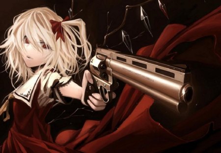 Touhou Project - vg, black, anime, touhou project, gun, red, girl, video game