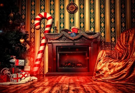 Christmas home - pretty, warmth, gifts, cozy, interior, home, holiday, fireplace, red, hall, merry christmas, nice, house, mood, decoration, beautiful, lovely, tree, christmas, new year