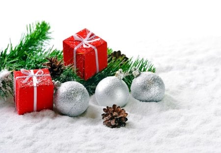 Christmas gifts with love - pretty, gifts, snow, holiday, red, ornaments, merry christmas, nice, mood, branches, winter, decoration, happy new year, beautiful, balls, lovely, love, christmas, silver, new year, cone