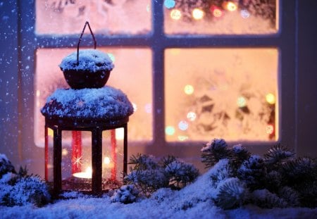 Happy Holidays - snowflakes, romantic, window, snow, holidays, night, frost, merry christmas, winter, beautiful, photography, candle, lovely, love, lantern, christmas, december, lights, new year