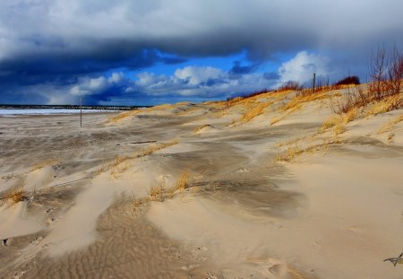 beach after a storm - clouds, beach, pier, sea, grass