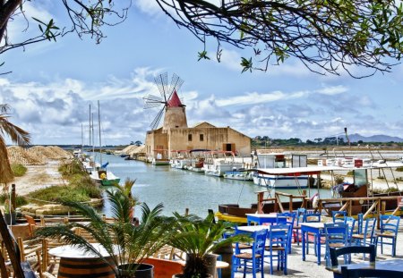 picturesque harbor - harbor, wind, mill, picturesque