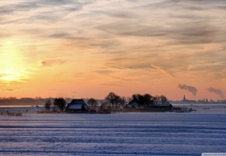 wonderful farm in winter - farm, winter, clouds, fields, sunset