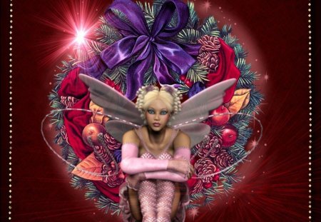 FAIRY CHRISTMAS - red, pink, wings, wreath, fairy, christmas