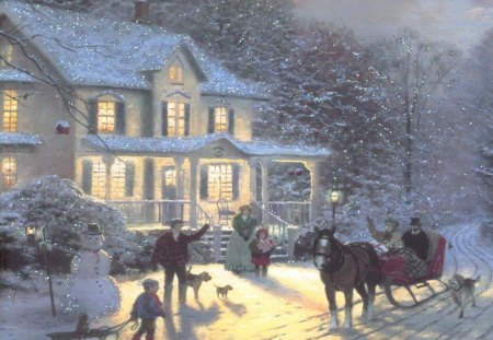 MEMORIES OF CHRISTMAS PAST - house, christmas, sleigh, snowman, winter, people, snow, horse