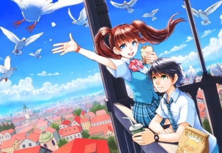 pigeon feed - bird, anime, female, scenery, town, dove, food, scene, long hair, boy, male, view, sky, house, anime girl, pigeon, twintails, girl, city, scenic, cloud, building