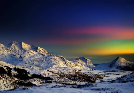 Winter sunset - nice, sky, aurora borealis, sundown, water, colorful, sunset, amazing, evening, river, snowy, dusk, mountain, winter, night, shore, lovely, peaks, glow, nature, snow, beautiful, sea, lights