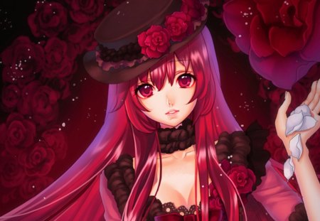 lady in red - pretty, anime, female, blossom, maiden, dress, long hair, red head, red hair, beautful, red, nice, hat, anime girl, hot, girl, beauty, lovely, sweet, flower, petals, lady, rose, cute, sexy