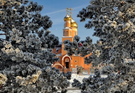 Church winter - cerkiev, church, snow, winter, tree