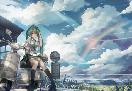 Paradise - clouds, anime, summer, beautiful, school, girl, moped, hair, uniform, vehichle, nature, rainbow, green, cute, paradise, sun