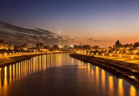 Taipei - taiwan, lights, beautiful, skyscrapers, china, tamsui, architecture, river, taipei, city, nature, water, buildings, skyscraper, sky, sunsets, reflection, rivers, clouds