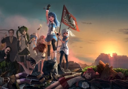 Anime - anime, sky, flag, sun