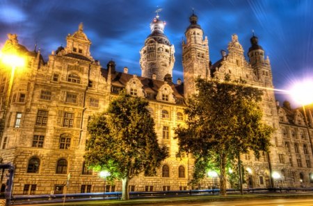 government building in leipzig hdr - building, trees, night, towers, hdr, lights