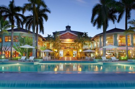 evening at a luxury resort - trees, pool, lights, evening, resort