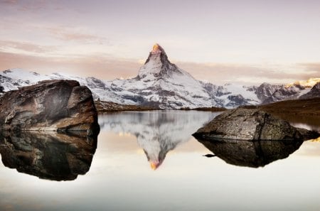 matterhorn reflected in an alpine lake - lake, rocks, mounatain, reflection