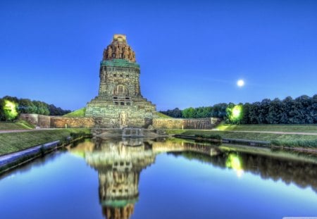 mausoleum in leipzig germany hdr - moon, trees, mausoleum, hdr, pool