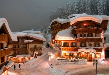 Winter village - new year, cottage, street, sky, hoteld, mist, view, cold, evening, clouds, holiday, frozen, dusk, ice, houses, mountain, winter, christmas, nature, village, town, frost, snow, rest, cabin, eve, destination, lights