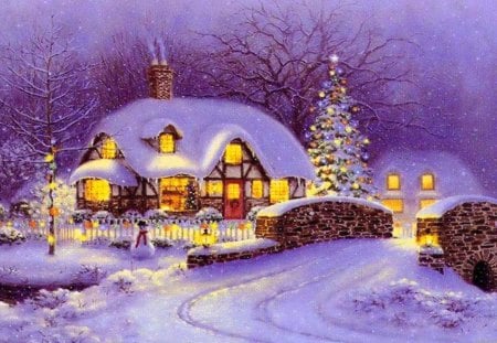 Christmas evening - lights, road, frozen, village, frost, bridge, snowman, christmas, tree, nature, mountain, new year, cold, winter, evening, noel, night, serenity, peaceful, decoration, eve, calmness, town, dusk, merry christmas, ice, painting, snow