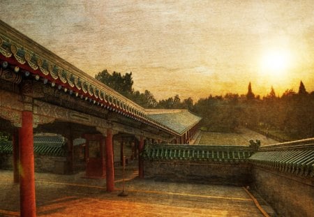 path to the temple of heaven hdr - sunset, roof, hdr, temple, wall