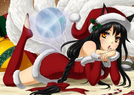 Christmas Ahri - santa, game, fox, video, tail, lol, ahri