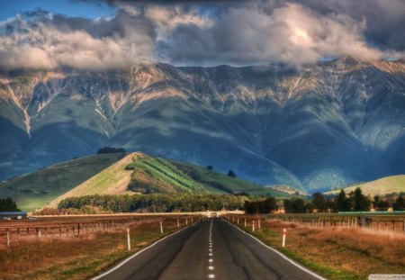 road with great promise at the end - clouds, straight, road, mountains, farms