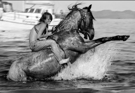 Water fun - photography, digital, girl, female woman photo, art, horse, wallpaper