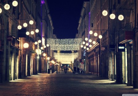 late night street - street, stores, night, lights