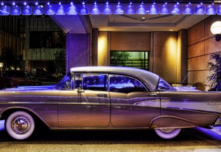 57' chevy hdr - car, vintage, hdr, parking, building