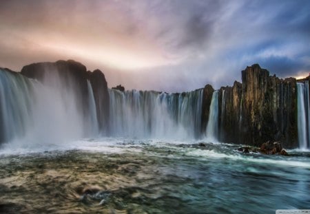 magnificent waterfall in iceland hdr - clouds, cliff, river, hdr, waterfall