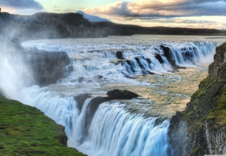 amazing waterfall in a canyon in iceland - canyon, grass, waterfall, cliffs