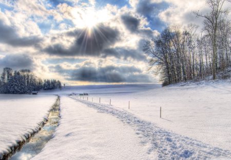 awesome winter scene - clouds, stream, winter, farms