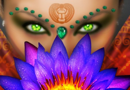 Gateway To The Soul - tattoo, fantasy, woman, beautiful, gems, green eyes, flower