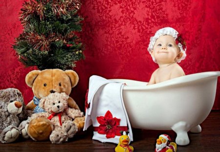 Merry Christmas - christmas, holiday, bathtab, teddy bear, towel, baby