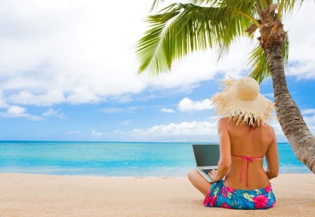 Girls - beach, computer, girls, hat