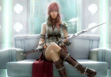 ffxiii_lightning_in_orphans_cradle - women, cradle, fantasy, anime, beautiful, sword, lightning