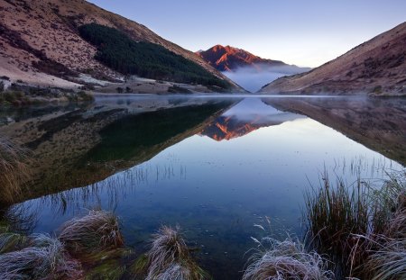 MistyLake - lakes, mountains, rocks, reflection, nature, mist