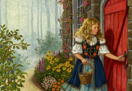 By Ruth Sanderson - door, nature, painting, girl, ruth sanderson, art