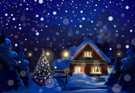 Winter house at night - snowflakes, cabin, snow, night, forest, nice, cottage, house, winter, decoration, beautiful, balls, lovely, tree, christmas, nature, lights, snowing