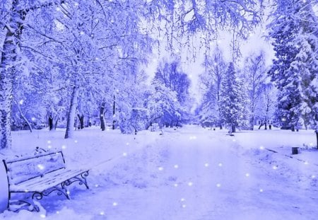 Winter bench - calm, snowflakes, snow, alleys, frost, bench, nice, trees, beautiful, snowy, lovely, rest, ice, frozen, white, nature, cold, serenity, park