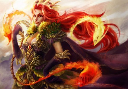 Hera - peacock feathers, red hair, fantasy, fire, goddess