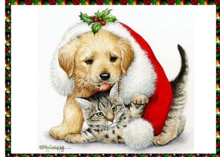 Holidays cat and dog - hat, pet, kitten, cute, dog, puppy, cat