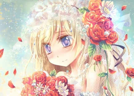 cute bride - bride, anime, anime girl, female, blossom, hot, wedding, girl, wed, flower, petals, bouquet, sweet, rose, cute, sexy