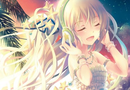 sound of heaven - sexy, hot, female, girl, headphone, long hair, anime girl, gown, star, anime, cute, dress