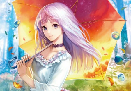 magic umbrella - breezze, sexy, hot, female, girl, sundress, long hair, anime girl, wind, umbrella, anime, cute, flower, dress