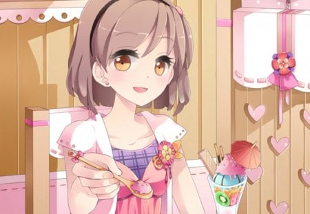 want some - snack, anime, anime girl, female, heart, dress, food, girl, room, love, sweet, short hair, ice cream, cute