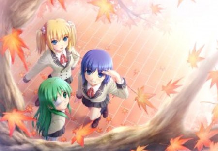 hey up there :) - female, hot, anime girl, leaf, blonde hair, anime, plant, tree, eyepatch, cute, short hair, sexy, girl, long hair, school uniform, blue hair, leaves, uniform, green hair, blonde