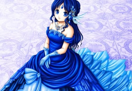 Sapphire - pretty, anime, female, wing, maiden, dress, long hair, glove, gemstone, nice, necklaces, gown, anime girl, beautiful, hot, gems, girl, beauty, lovely, jewel, sweet, lady, wings, jewelry, cute, sexy